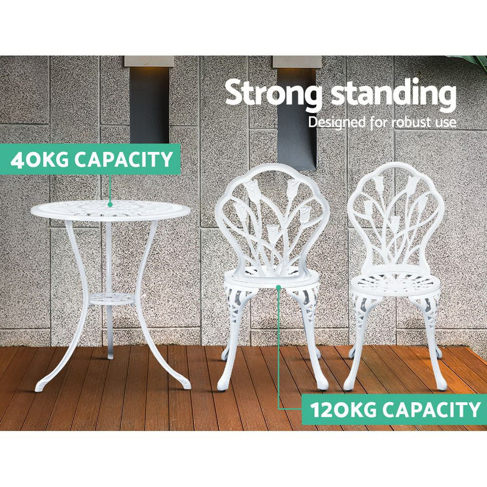 Gardeon 3PC Outdoor Setting Cast Aluminium Bistro Table Chair Patio White