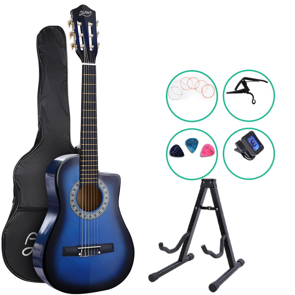 Alpha 34&quot; Inch Guitar Classical Acoustic Cutaway Wooden Ideal Kids Gift Children 1/2 Size Blue with Capo Tuner