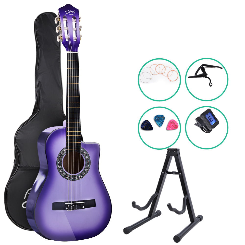 Alpha 34&quot; Inch Guitar Classical Acoustic Cutaway Wooden Ideal Kids Gift Children 1/2 Size Purple with Capo Tuner