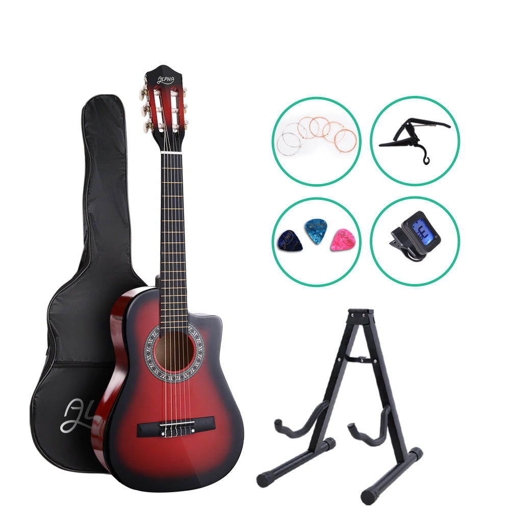 Alpha 34&quot; Inch Guitar Classical Acoustic Cutaway Wooden Ideal Kids Gift Children 1/2 Size Red with Capo Tuner
