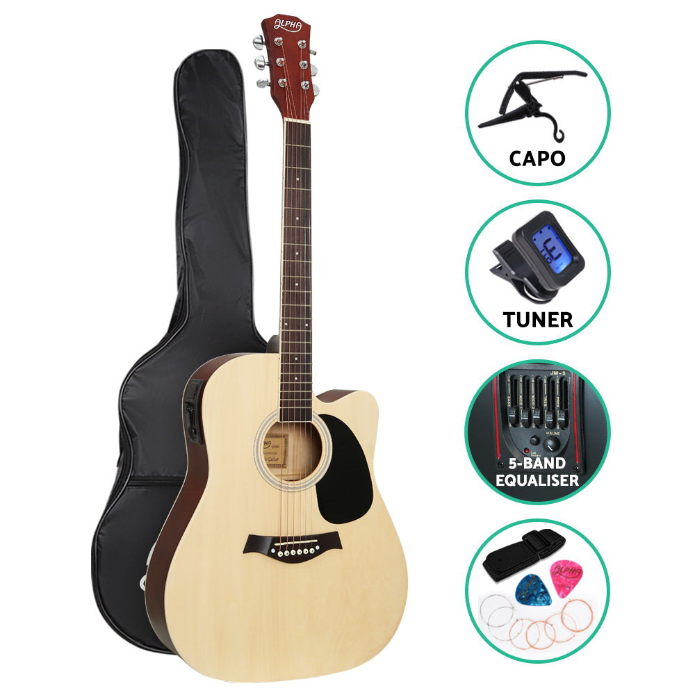 Alpha 41&quot; Inch Electric Acoustic Guitar Wooden Classical with Pickup Capo Tuner Bass Natural