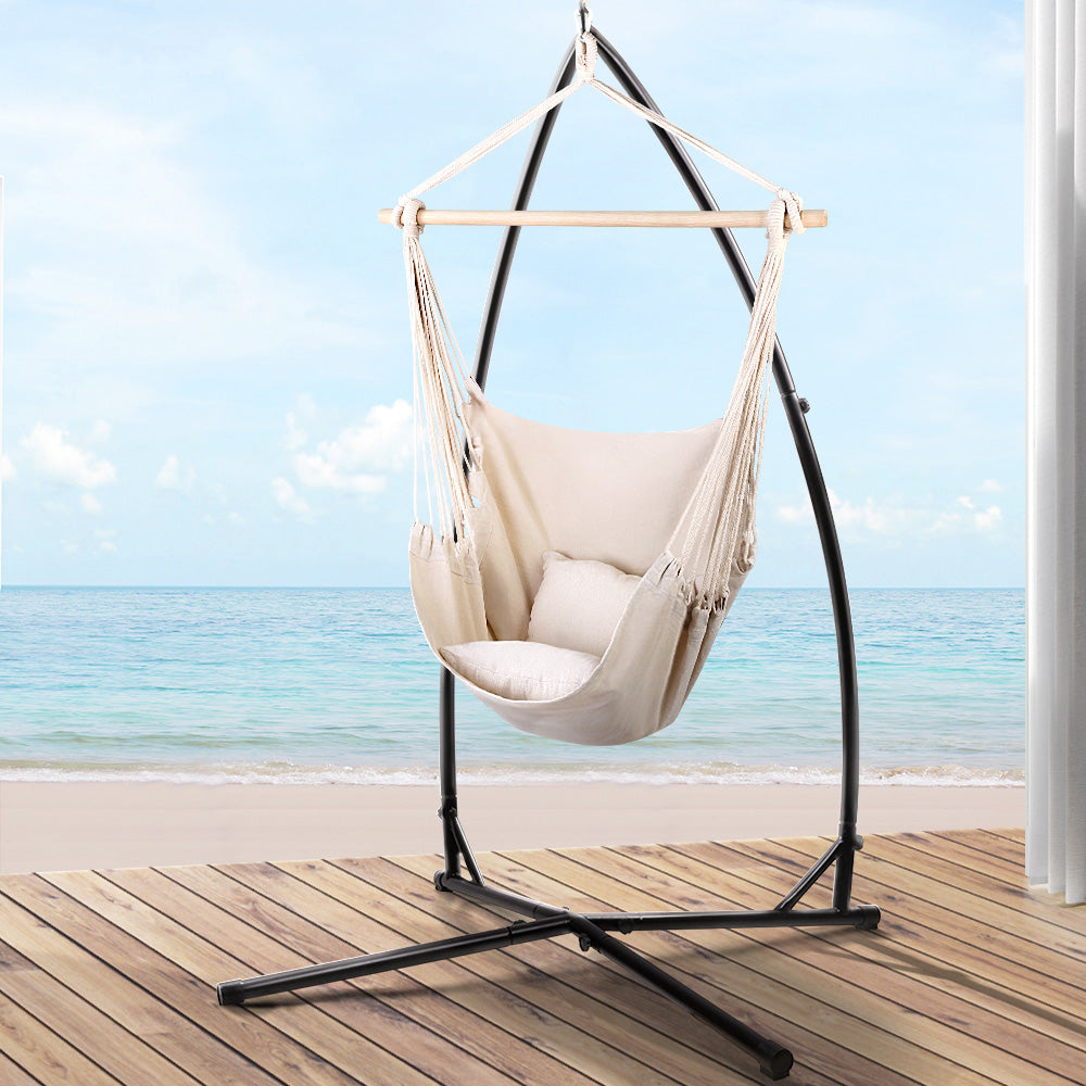 Gardeon Outdoor Hammock Chair with Steel Stand Hanging Hammock with Pillow Cream