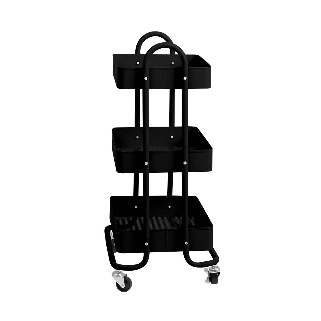 3 Tiers Kitchen Trolley Cart Steel Storage Rack Shelf Organiser Wheels Black