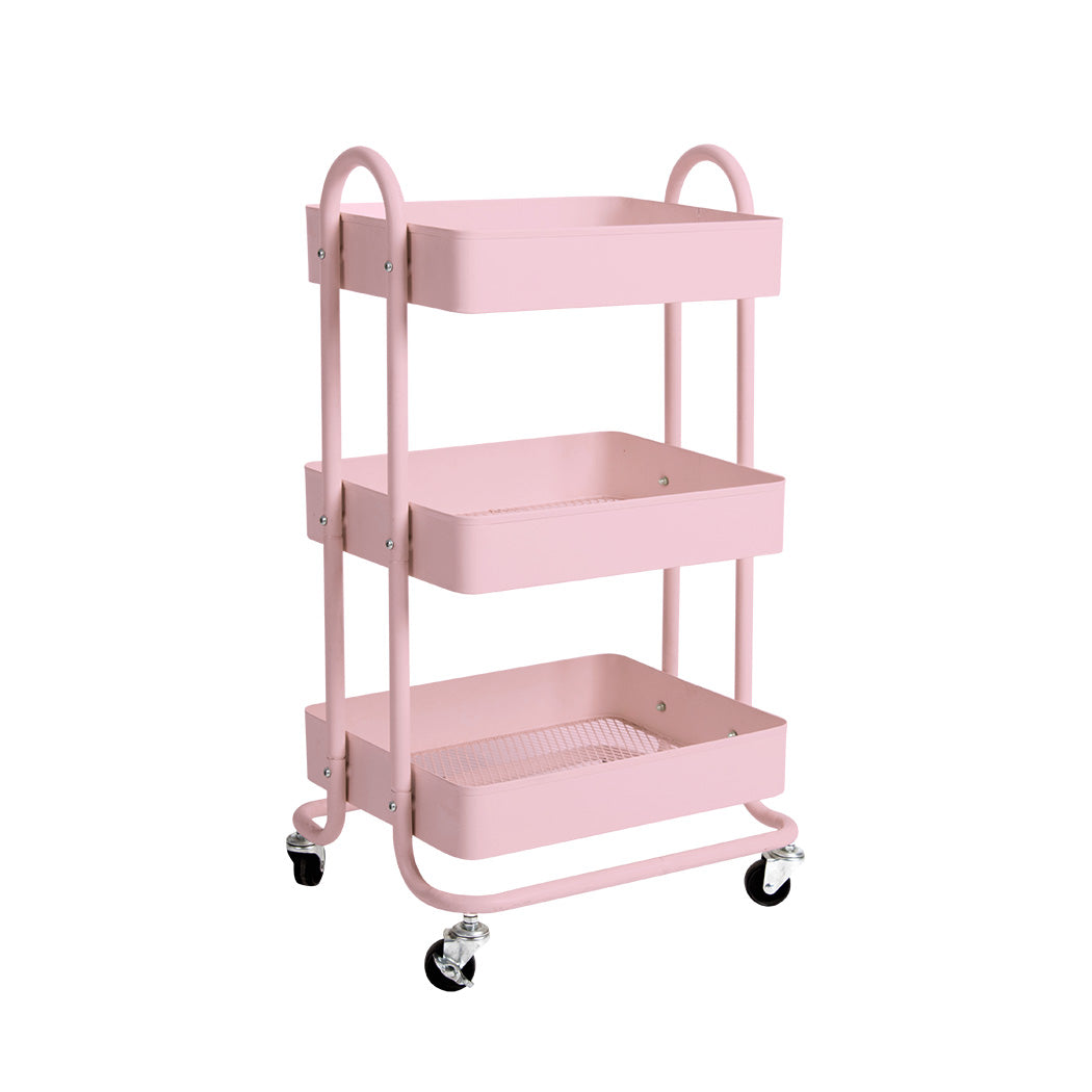 3 Tiers Kitchen Trolley Cart Steel Storage Rack Shelf Organiser Wheels Pink