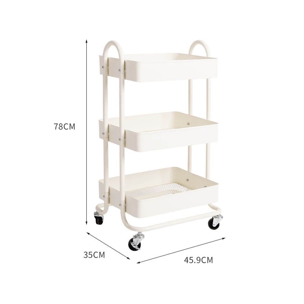 3 Tiers Kitchen Trolley Cart Steel Storage Rack Shelf Organiser Wheels White