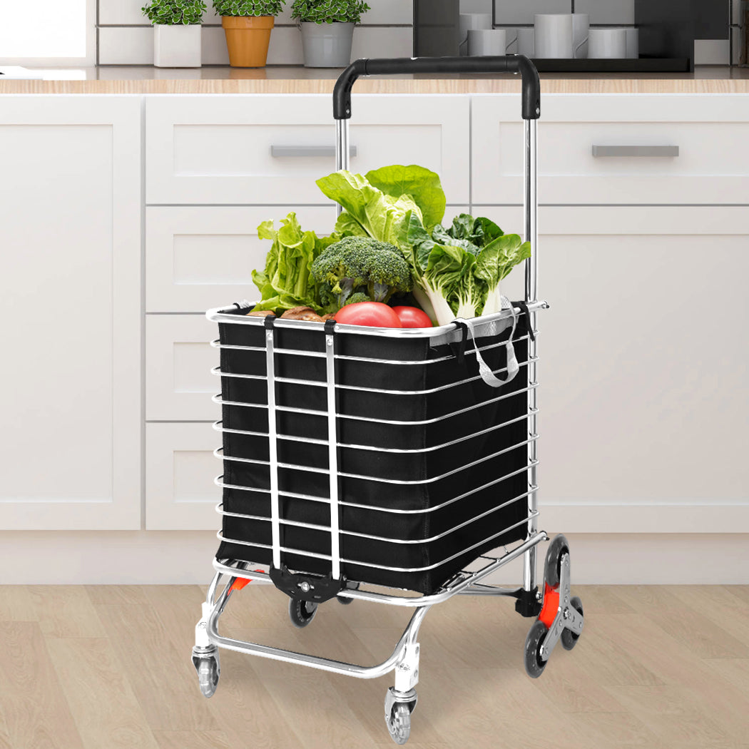 Foldable Shopping Cart Trolley Basket Luggage Grocery Portable Black 40L w/Wheel