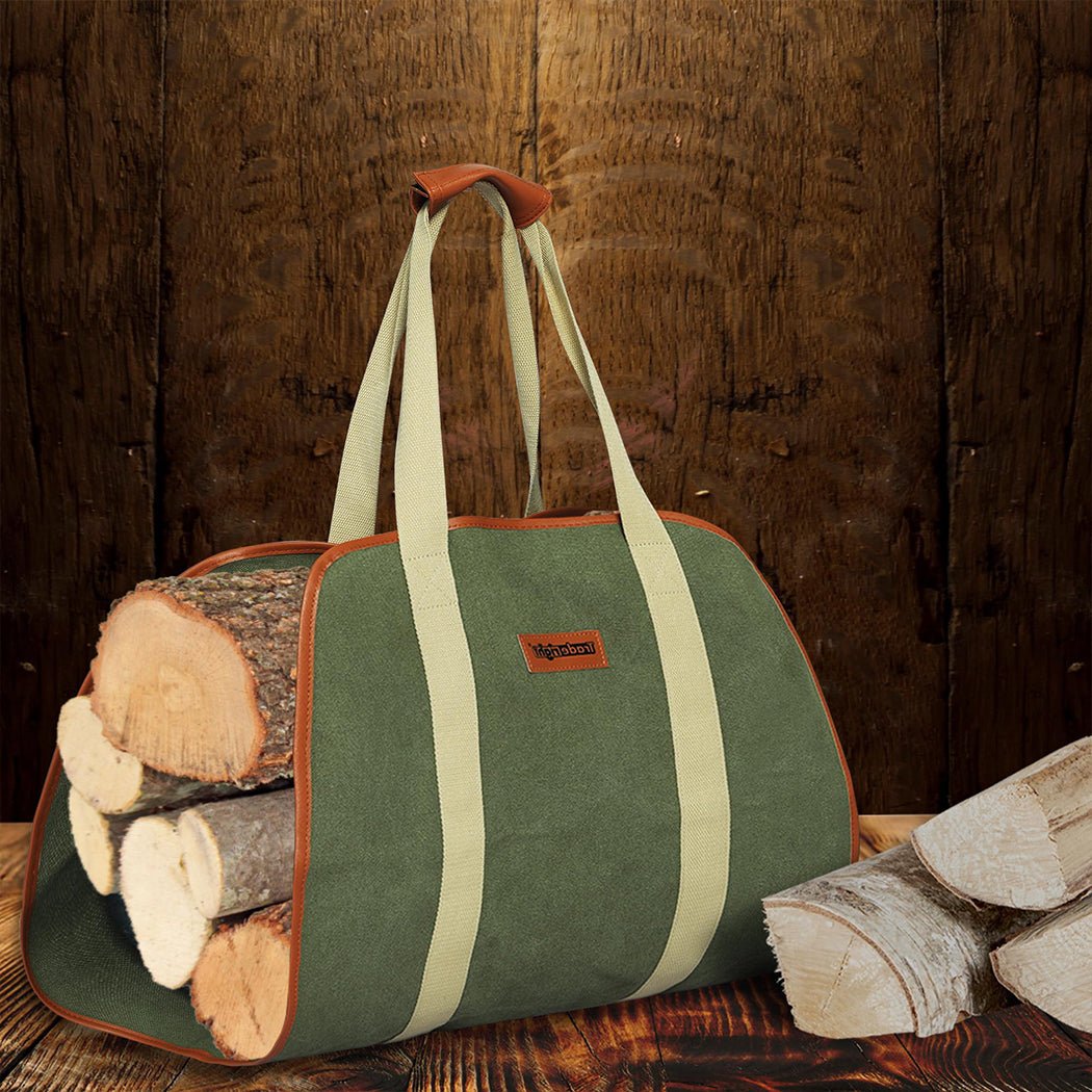 Traderight Firewood Bag Durable Canvas Leather Fire Wood Carrier Log Holder Tote