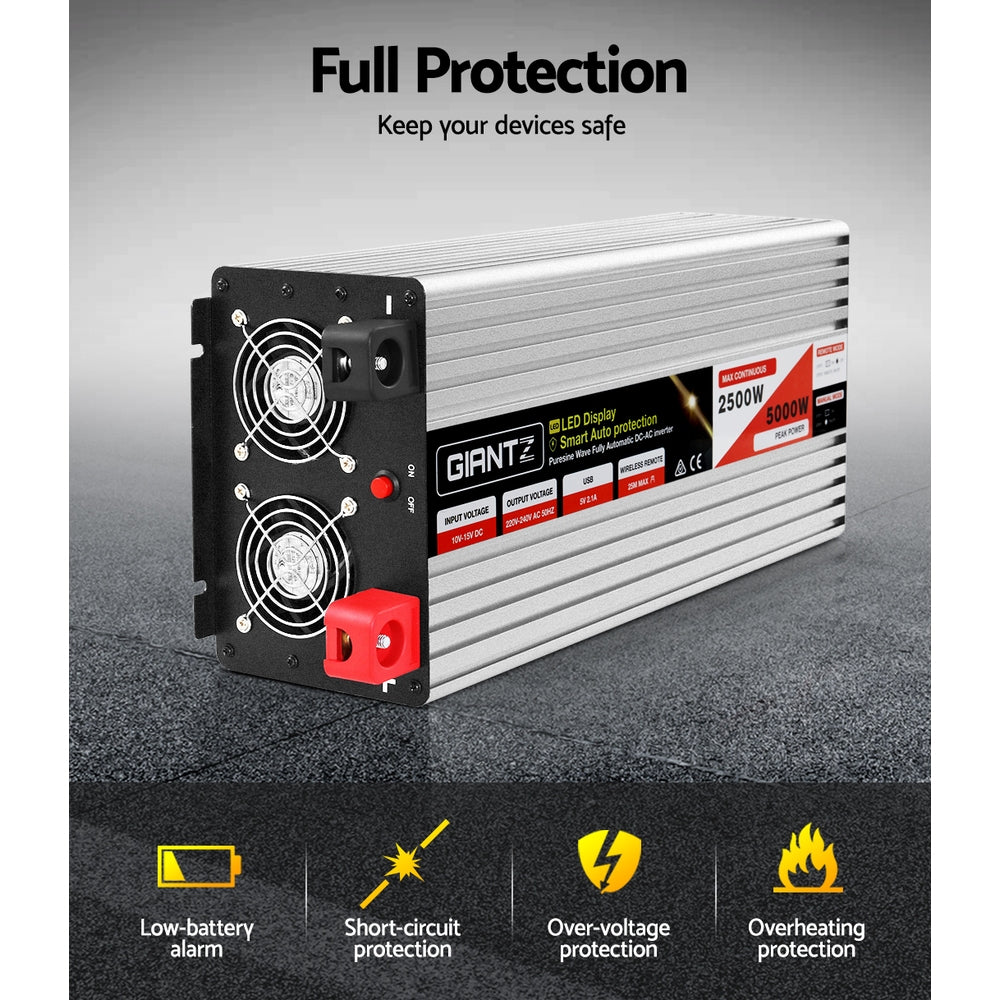 Giantz Power Inverter 12V to 240V 2500W/5000W Pure Sine Wave Camping Car Boat