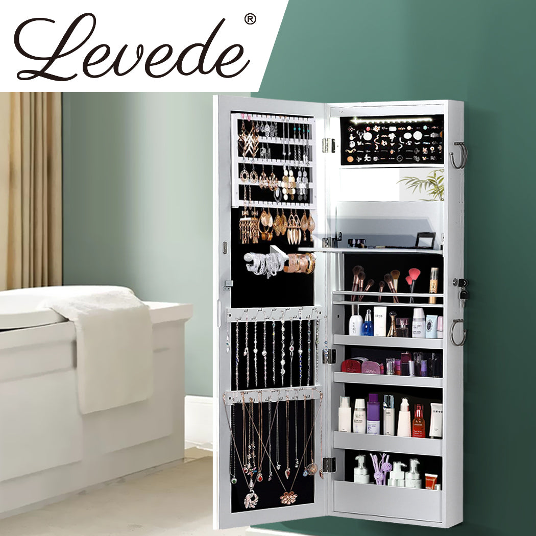 Levede Wall Mounted or Hang Over Mirror Jewellery Cabinet with LED Light White