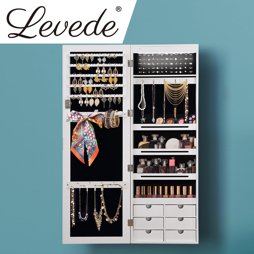 Levede Jewellery Cabinet Full Length Mirror Mirrored Organizer Box Stand White