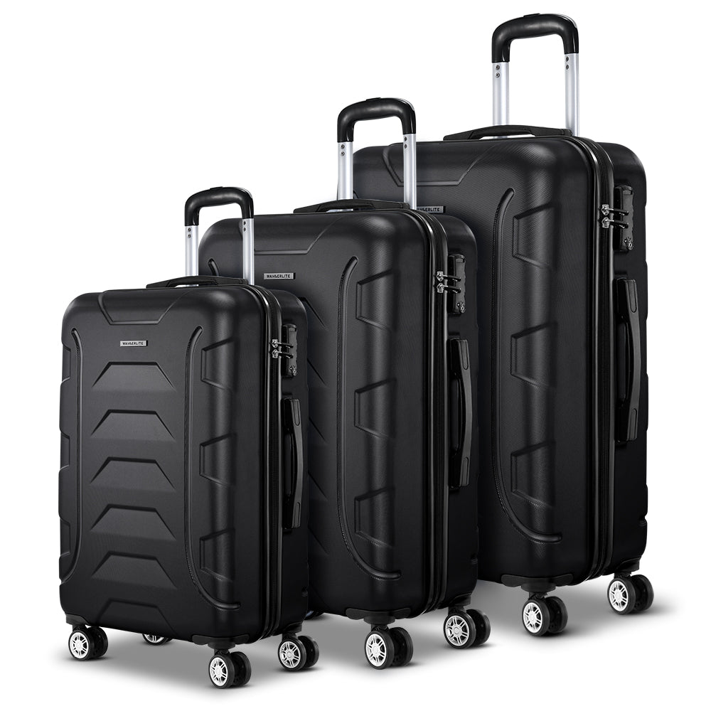 Wanderlite 3pc Luggage Travel Sets Suitcase Trolley TSA Lock Bonus w/Scale Black