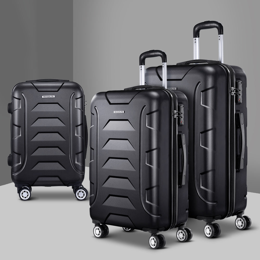 Wanderlite 3pc Luggage Travel Sets Suitcase Trolley TSA Lock Bonus w/Scale Black