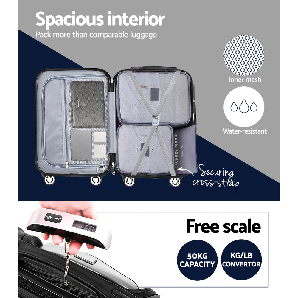 Wanderlite 3pcs Luggage Set Travel Suitcase Storage Organiser TSA lock Black