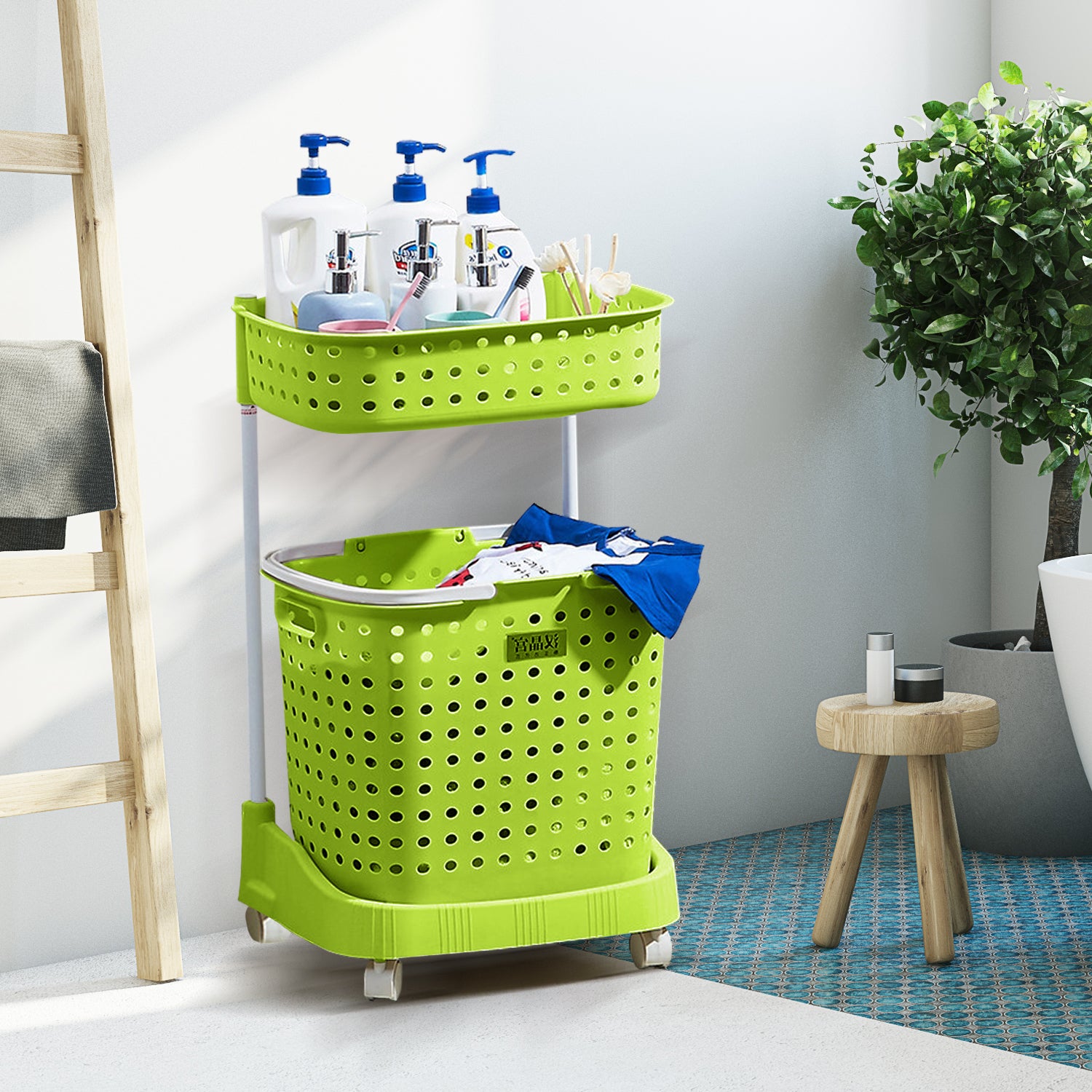 2 Tier Bathroom Laundry Clothes Baskets Bin Hamper Mobile Rack Removable Shelf