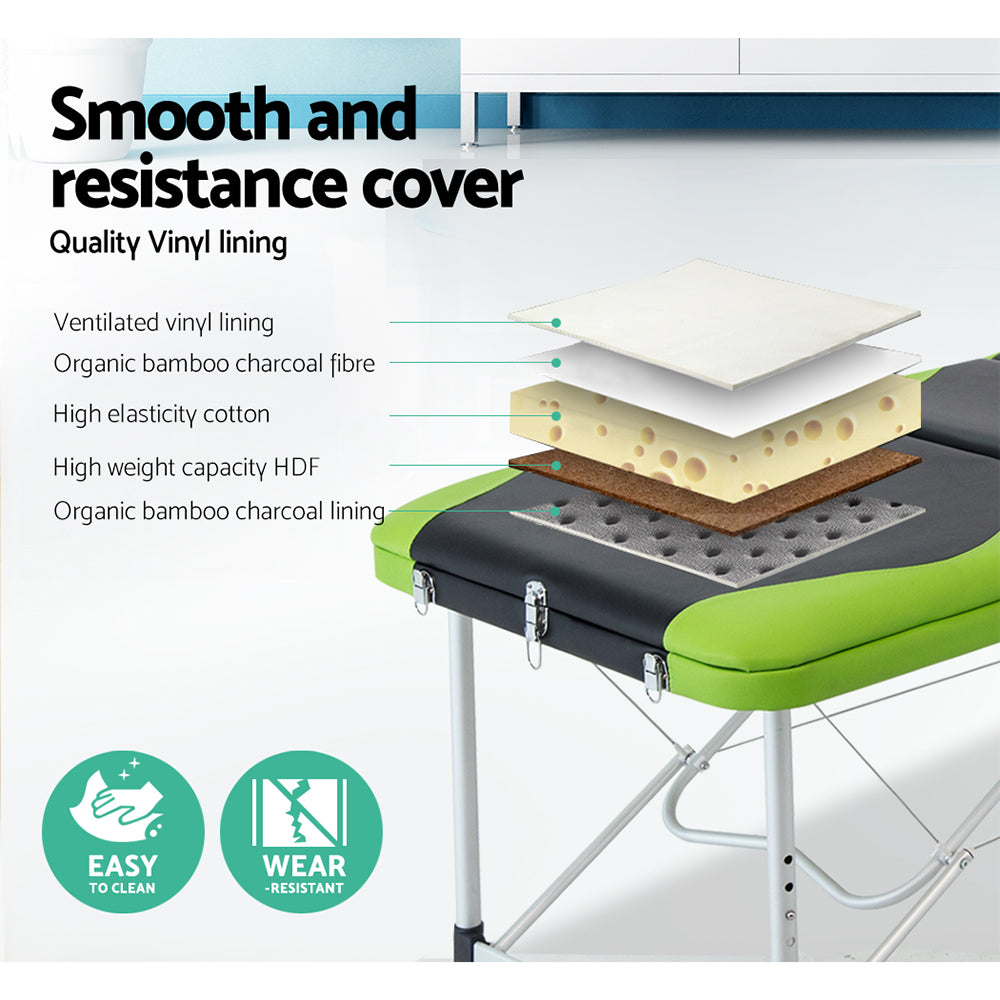 Zenses 3 Fold Portable Aluminium Massage Table - Green & Black