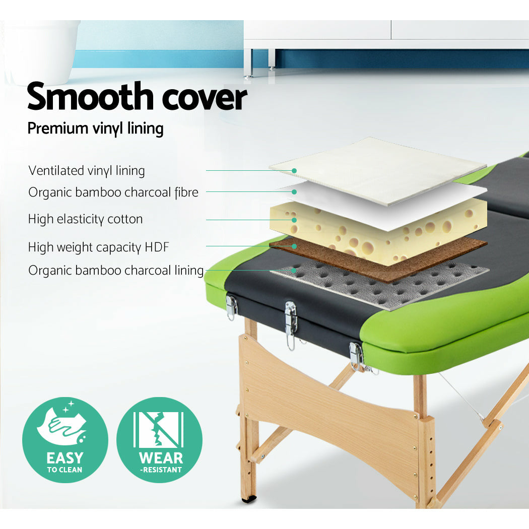 Zenses 3 Fold Portable Wood Massage Table - Black & Lime