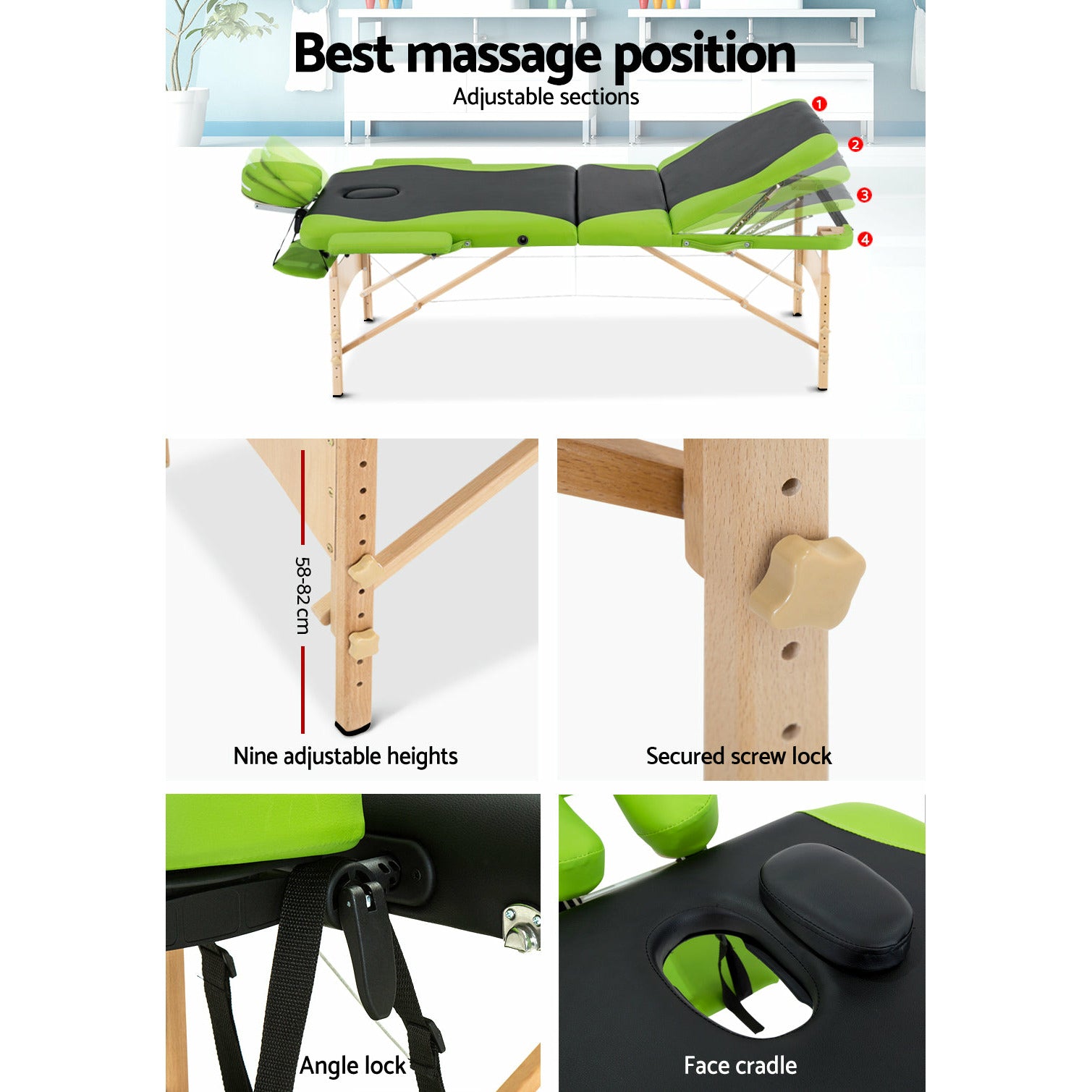 Zenses 3 Fold Portable Wood Massage Table - Black & Lime