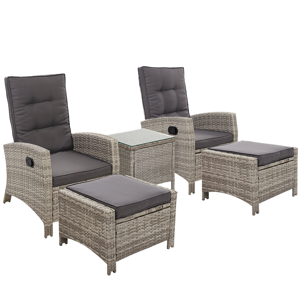 Gardeon Outdoor Patio Furniture Recliner Chairs Table Setting Wicker Lounge 5pc Grey