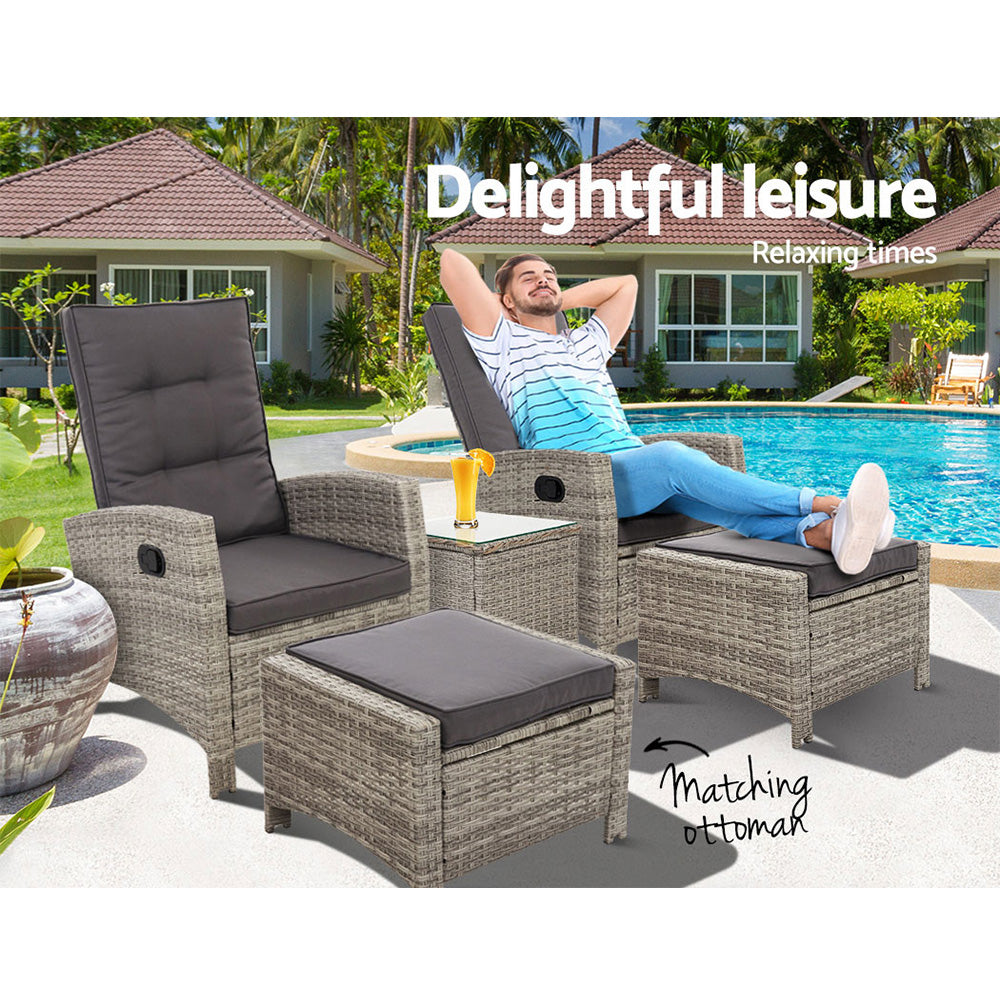 Gardeon Outdoor Patio Furniture Recliner Chairs Table Setting Wicker Lounge 5pc Grey