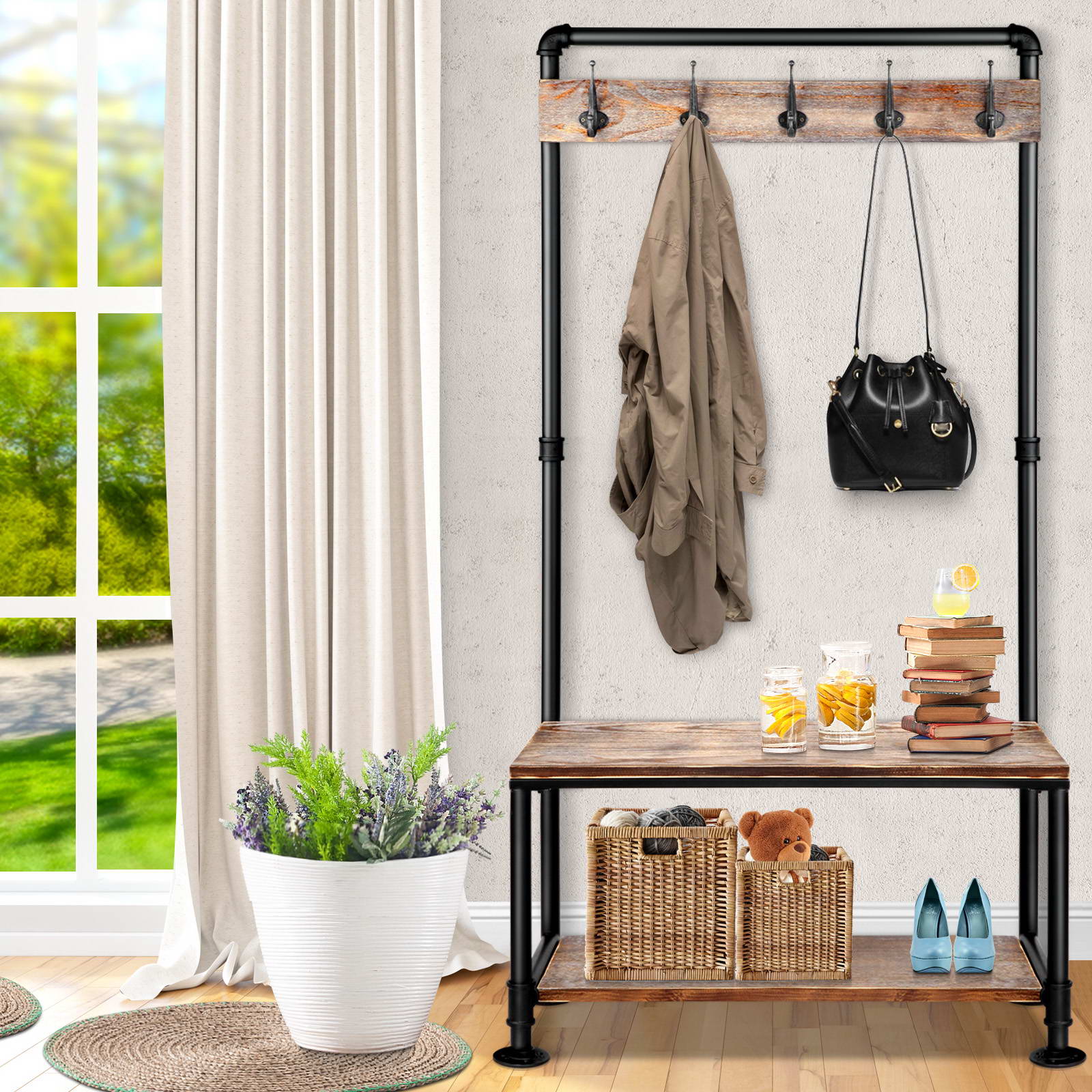 Artiss Clothes Shoe Rack Vintage Coat Stand Entryway Wooden Shelf