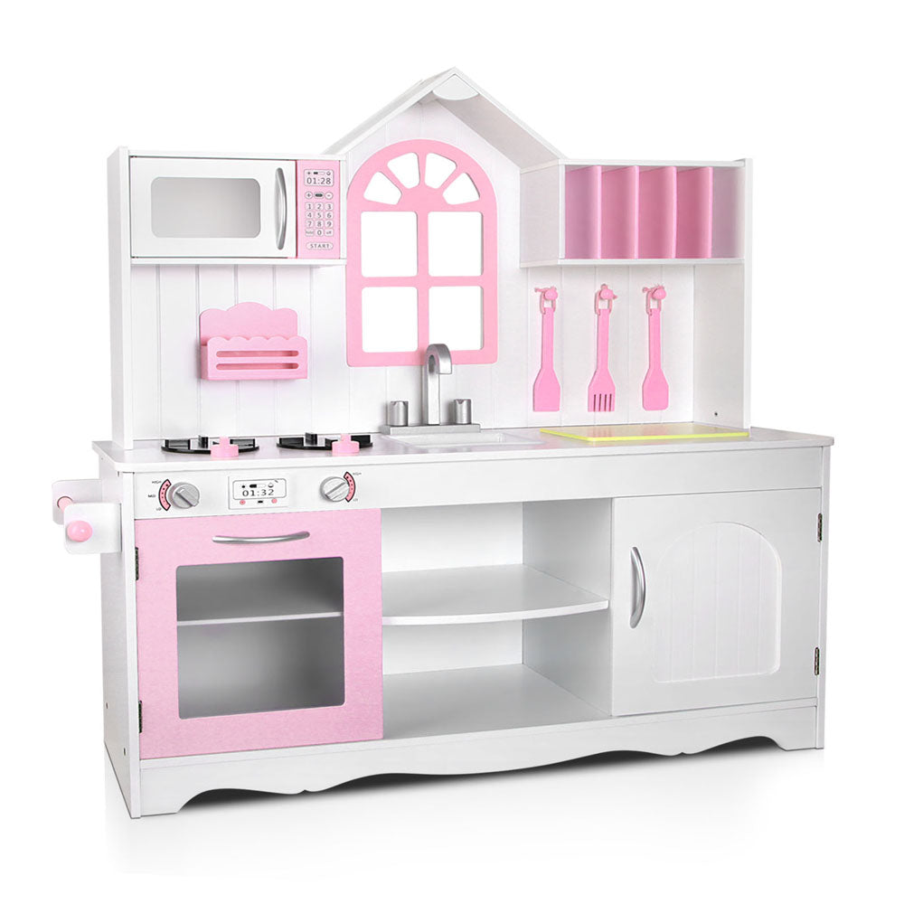 Keezi Kids Wooden Kitchen Play Set - White &amp; Pink