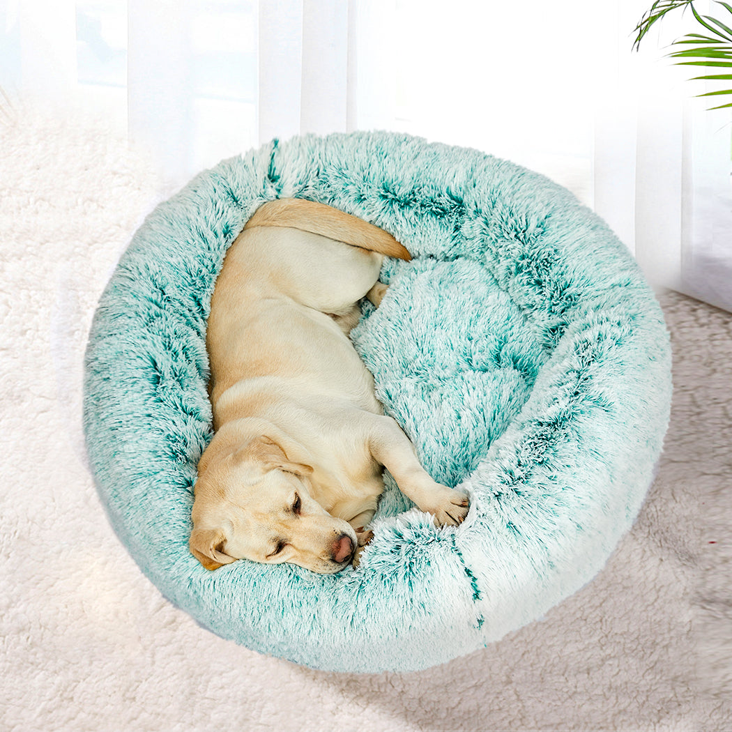 Pet Bed Cat Dog Donut Nest Calming Mat Soft Plush Kennel Teal M