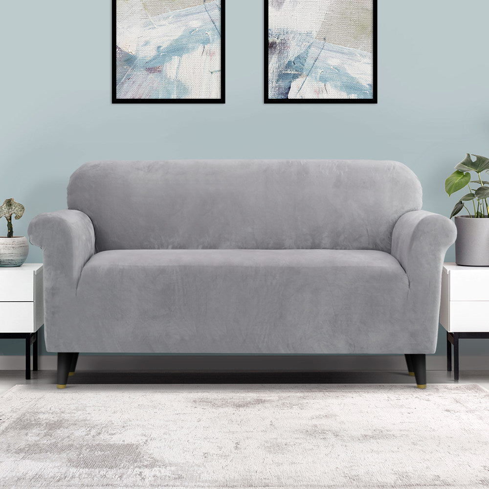 Artiss Velvet Sofa Cover Plush Couch Cover Lounge Slipcover 3 Seater Grey