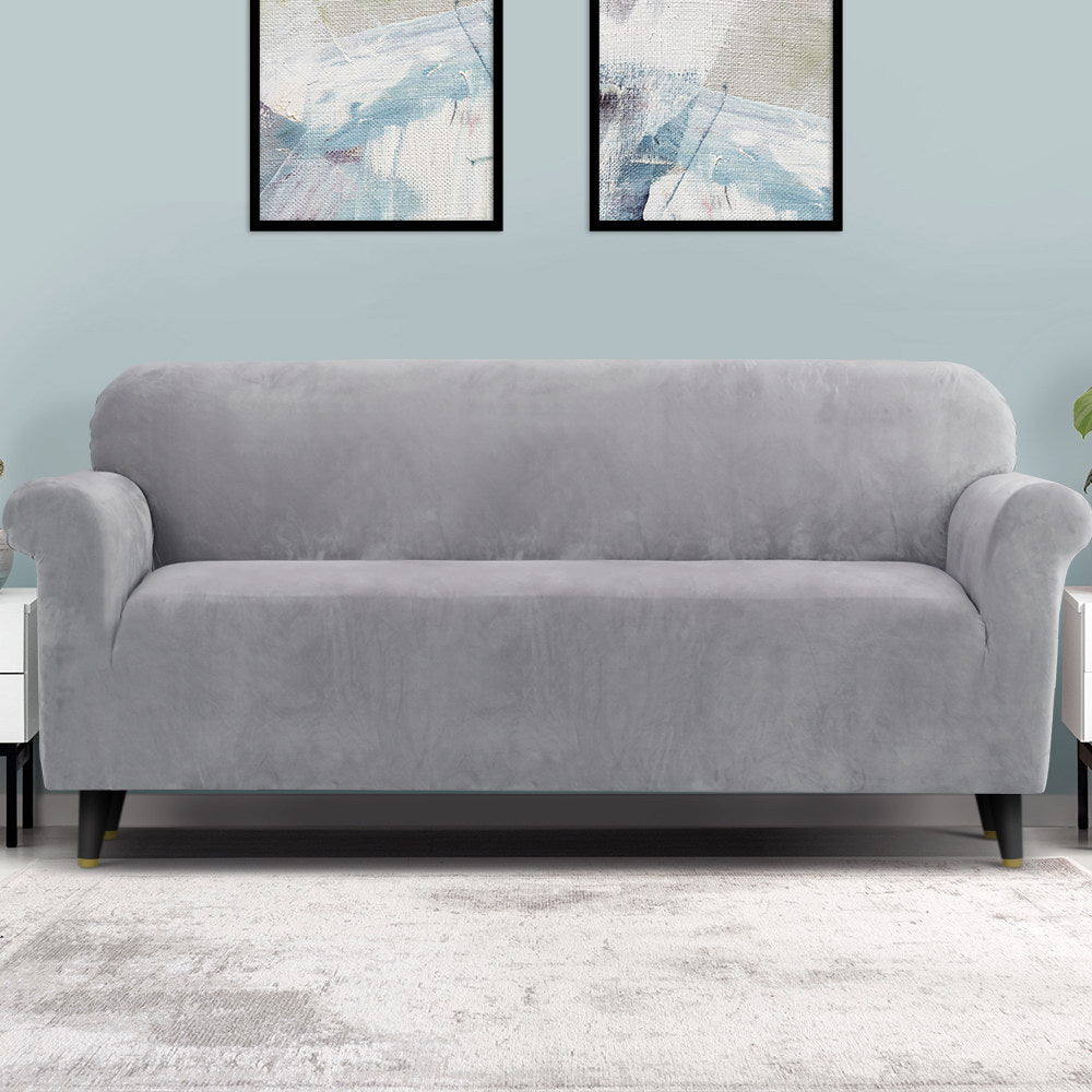 Artiss Velvet Sofa Cover Plush Couch Cover Lounge Slipcover 4 Seater Grey