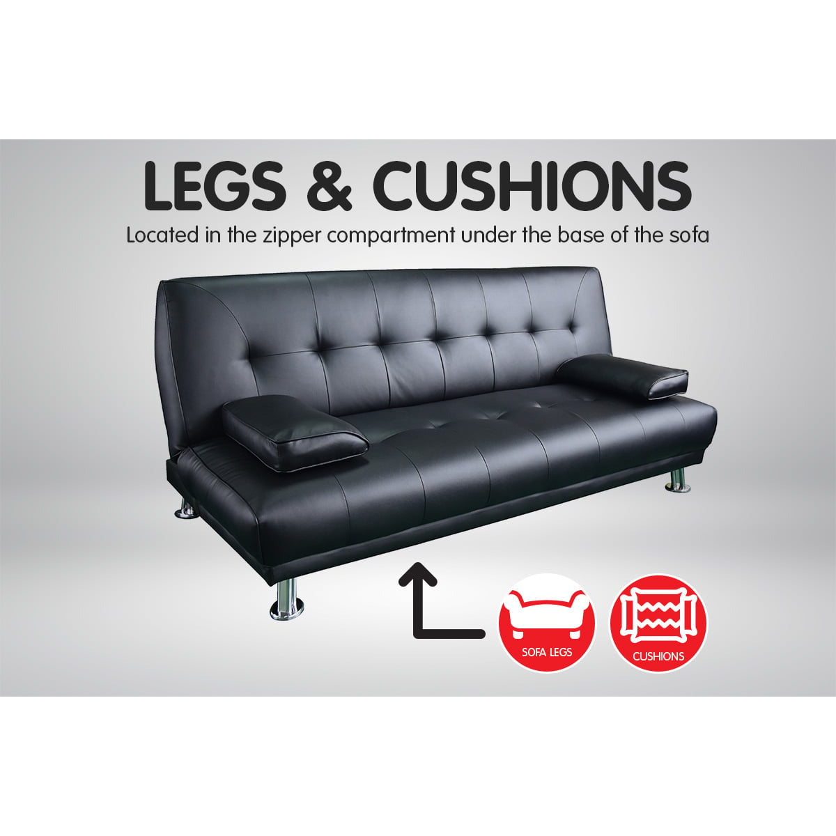 Sarantino 3 Seater Faux Leather Sofa Bed Couch Lounge Futon - Black