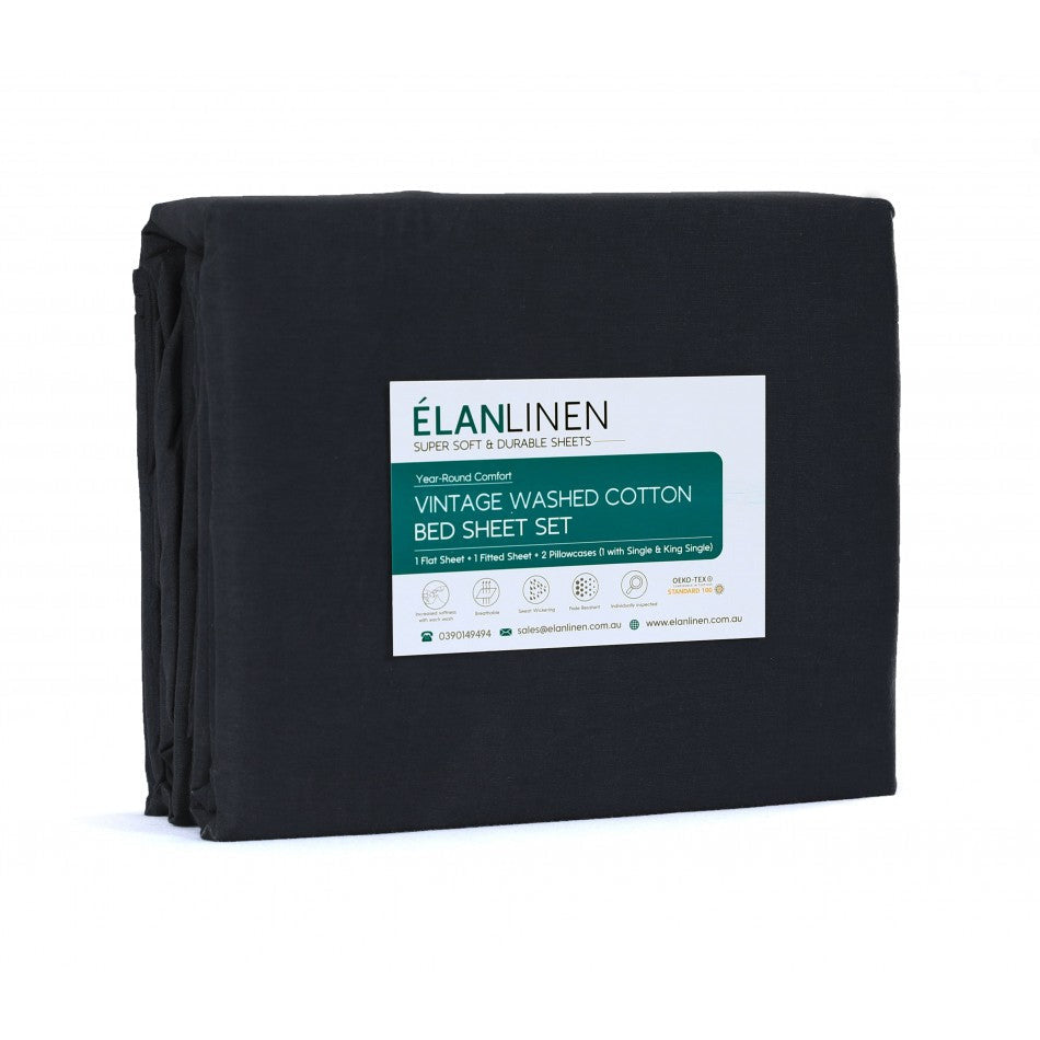 Elan Linen 100% Egyptian Cotton Vintage Washed 500TC Charcoal Single Bed Sheets Set