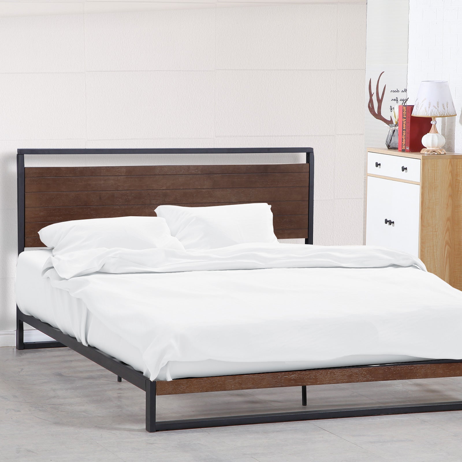 Milano Decor Azure Bed Frame With Headboard Black Wood Steel Platform Bed - Single - Black