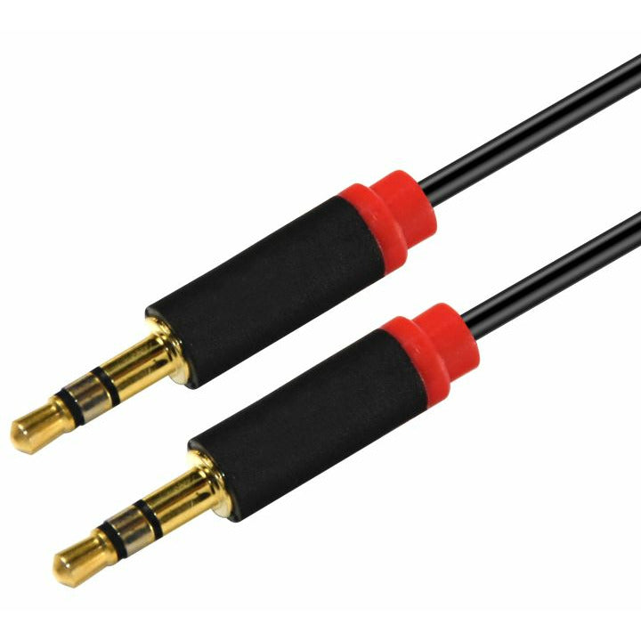 ASTROTEK 1m Stereo 3.5mm Flat Cable Male to Male Black with Red Mold - Audio Input Extension Auxiliary Car Cord