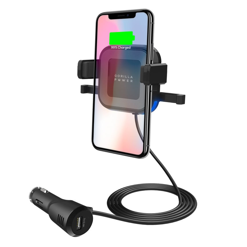 mbeat Gorilla Power 10W Wireless Car Charger with 2.4A USB Charging, Air Vent Clip &amp; Windshield Stand
