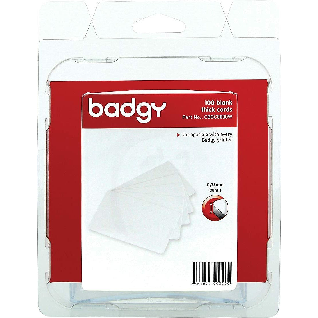 BADGY 100 X THICK Plastic Polyvinyl Chloride (PVC) cards (076MM-30MIL) Printable, Media thickness: 118 &quot; Includes 100 cards Color White