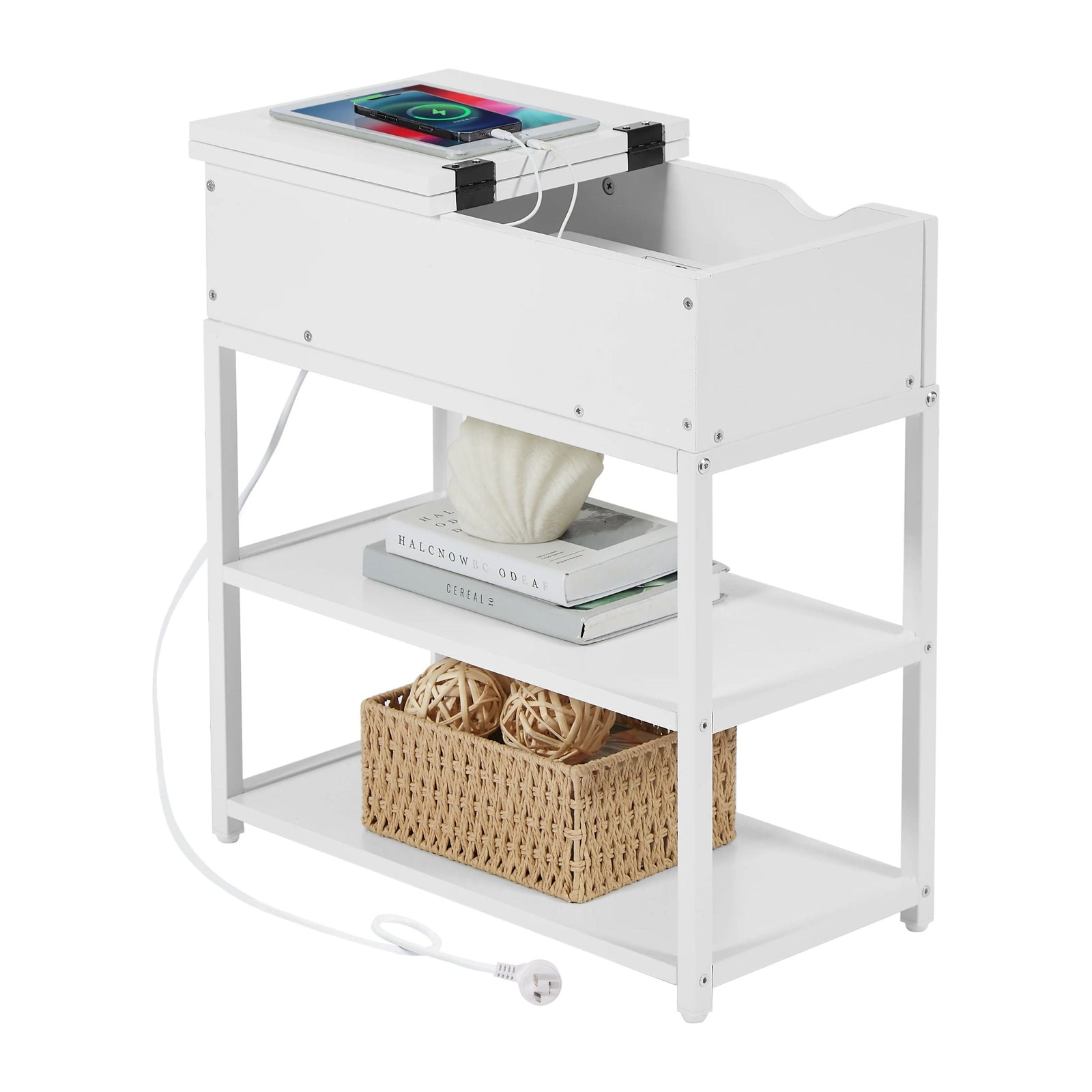 Multi-Tier Bedside Table with Powerboard, White