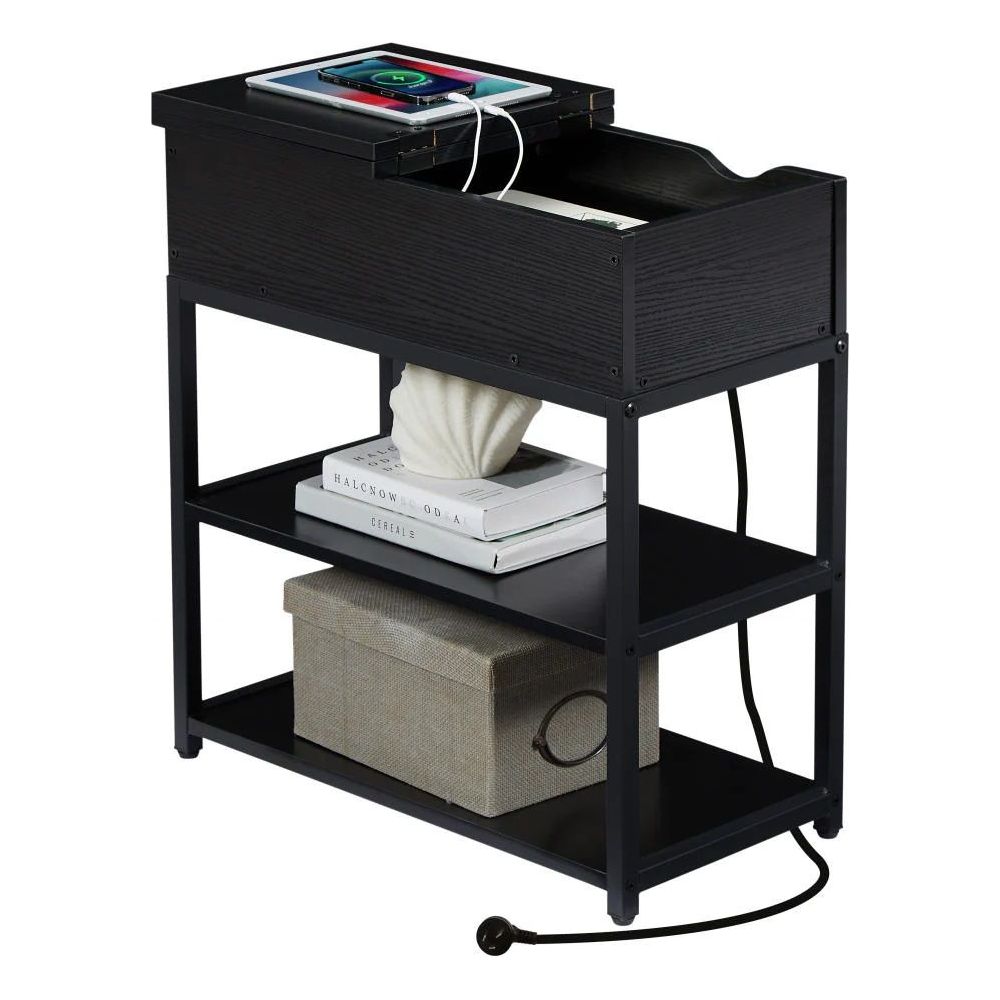 Compact 3-Tier Sofa Side Table with Powerboard, Black