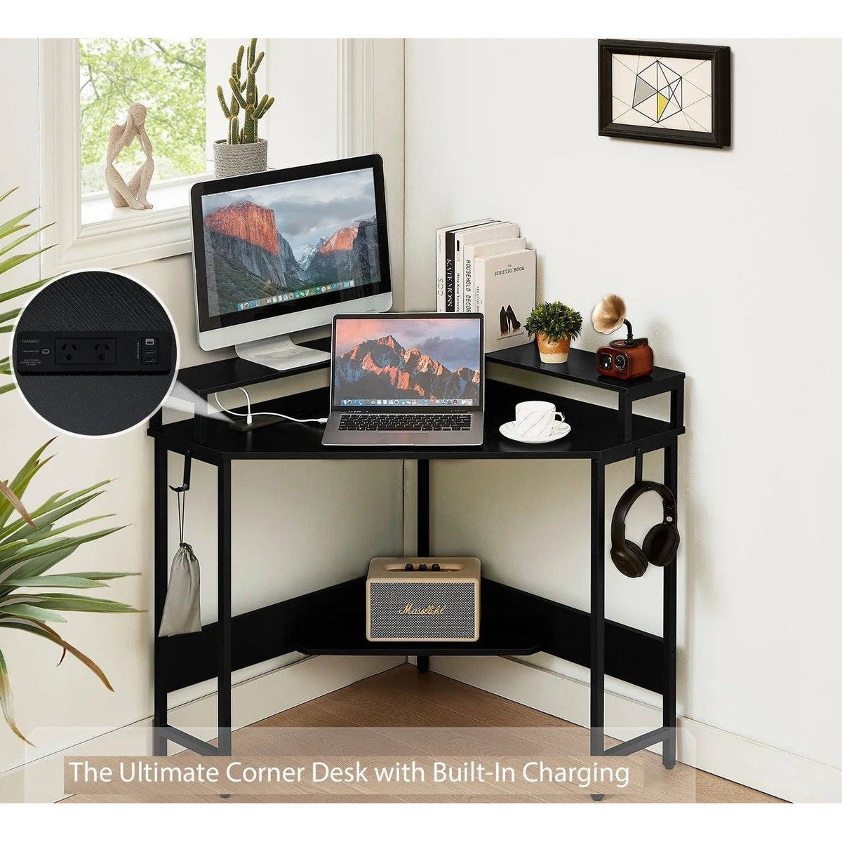 L-Shaped Desk with Built-In Charging Station, Black