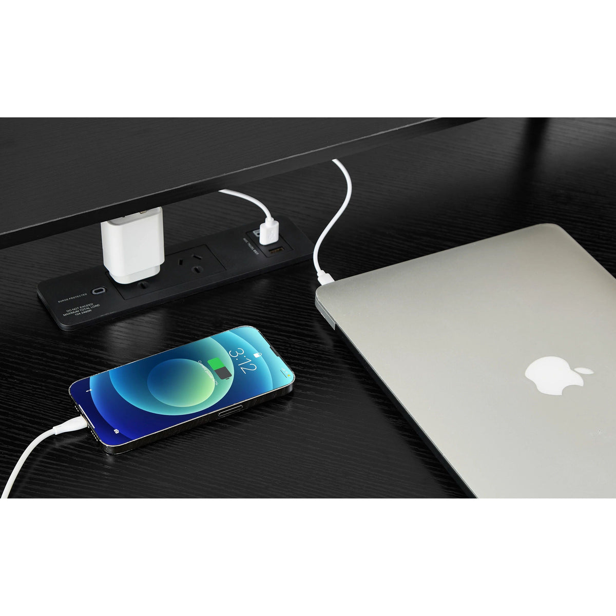 L-Shaped Desk with Built-In Charging Station, Black