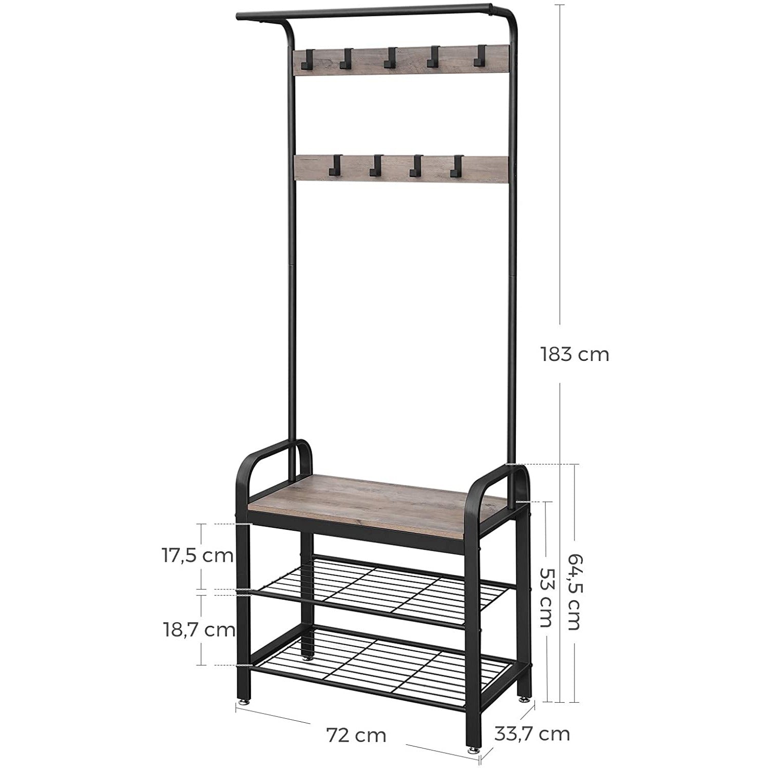 Greige and Black Steel Freestanding Coat Rack Stand with Removable Hooks, Bench and Shoe Rack, Height 183 cm