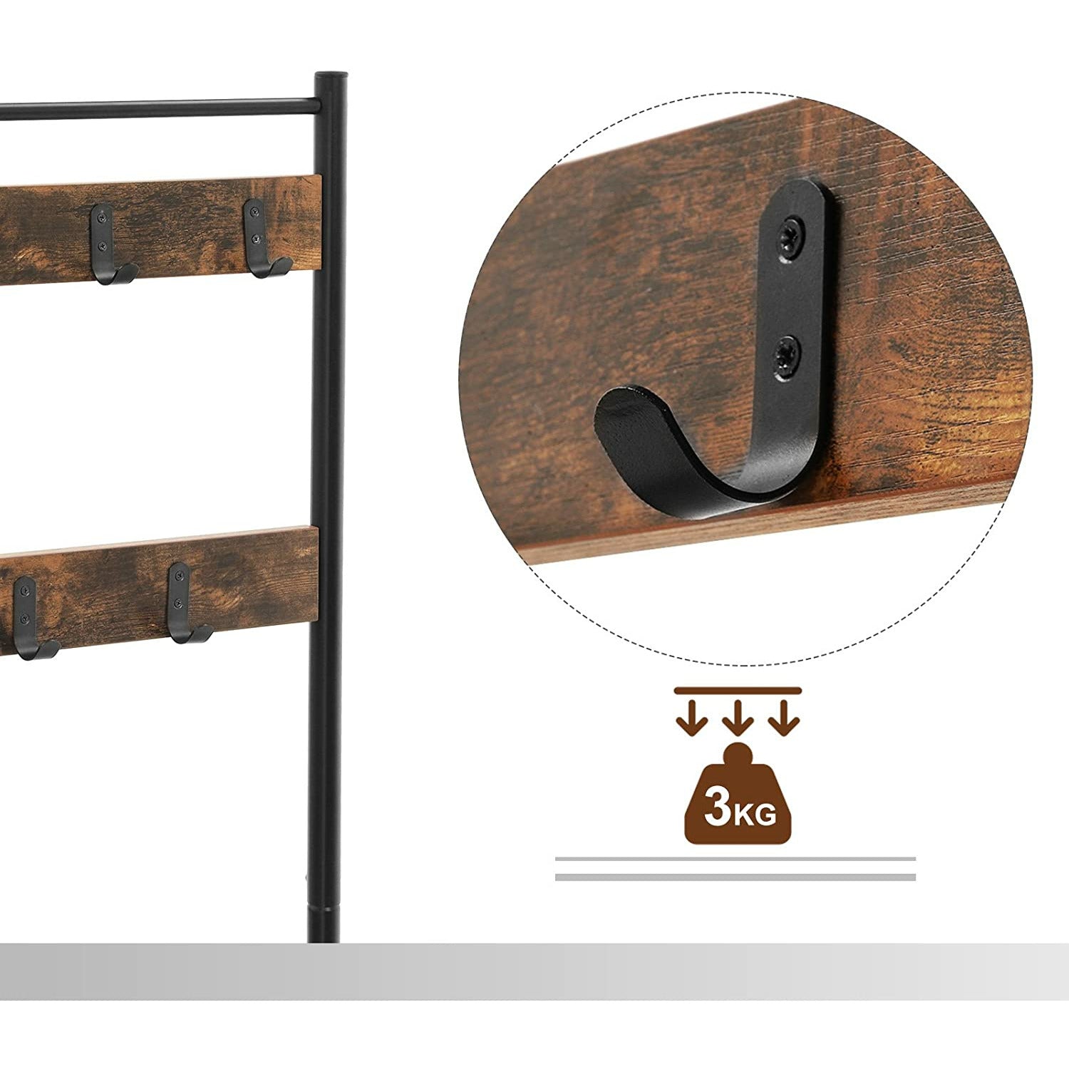 Rustic Brown Coat Rack Stand with Hallway Shoe Rack and Bench with Shelves Matte Metal Frame Height 175 cm