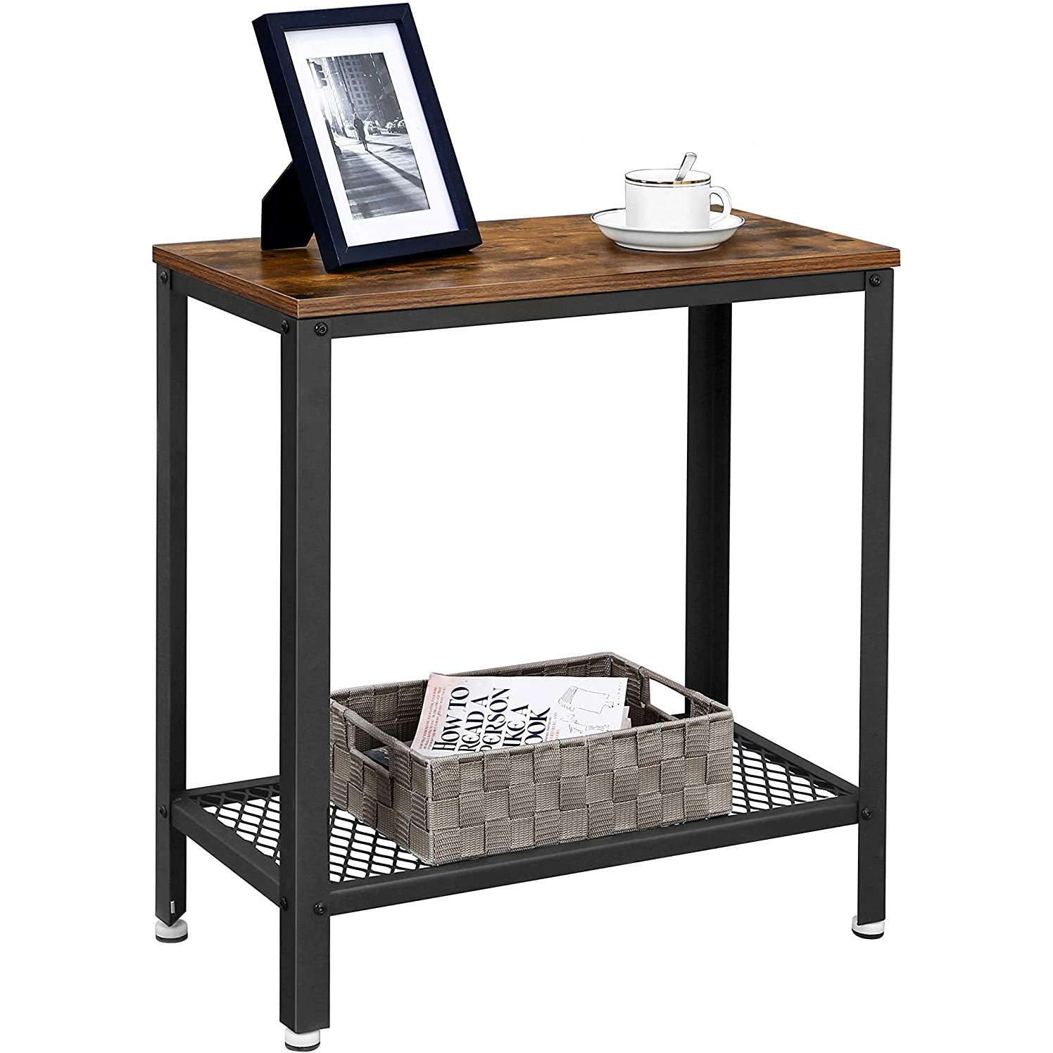 Industrial Side Table 2-Tier With Mesh and Metal Frame Rustic Brown