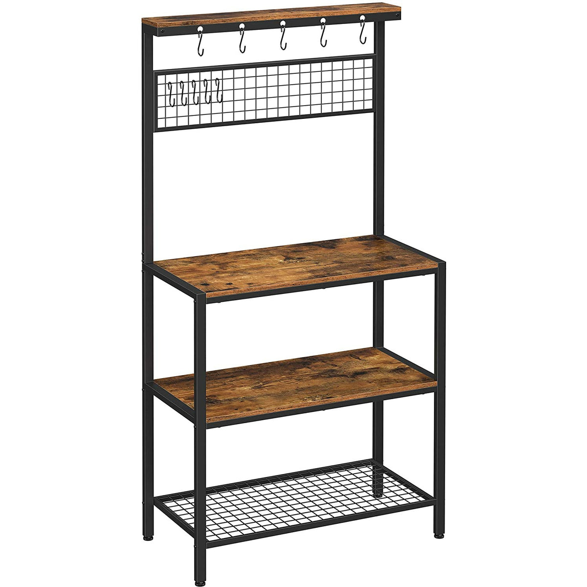 Industrial Kitchen Baker&#39;s Rack with Storage Shelves 10 Hooks and Metal Mesh Shelf 84 x 40 x 170 cm Rustic Brown