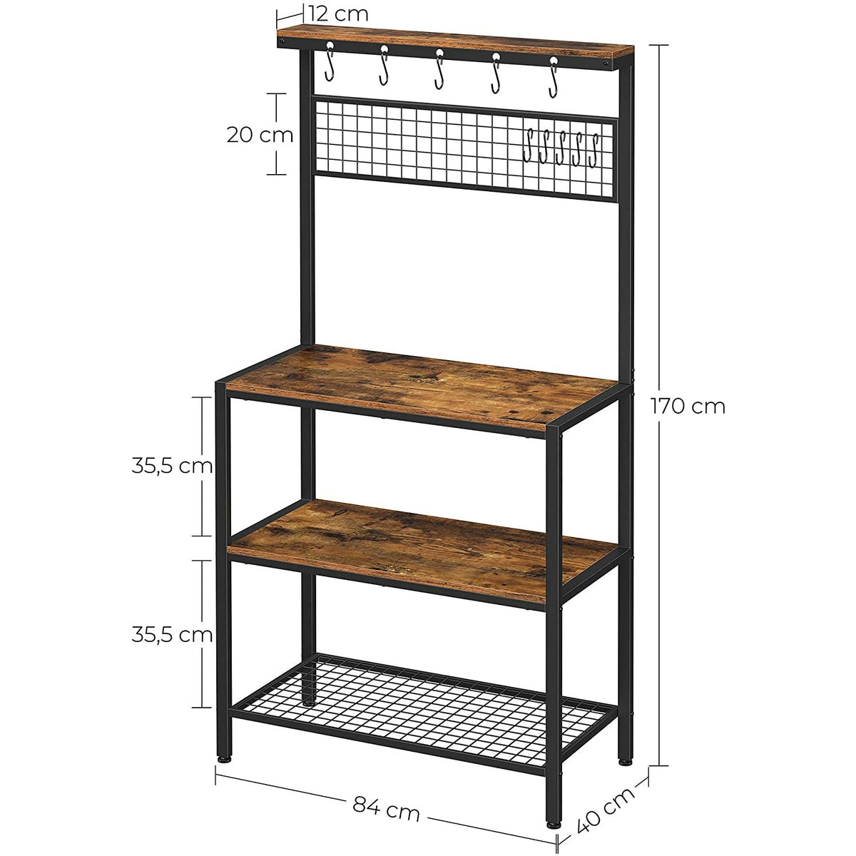 Industrial Kitchen Baker's Rack with Storage Shelves 10 Hooks and Metal Mesh Shelf 84 x 40 x 170 cm Rustic Brown
