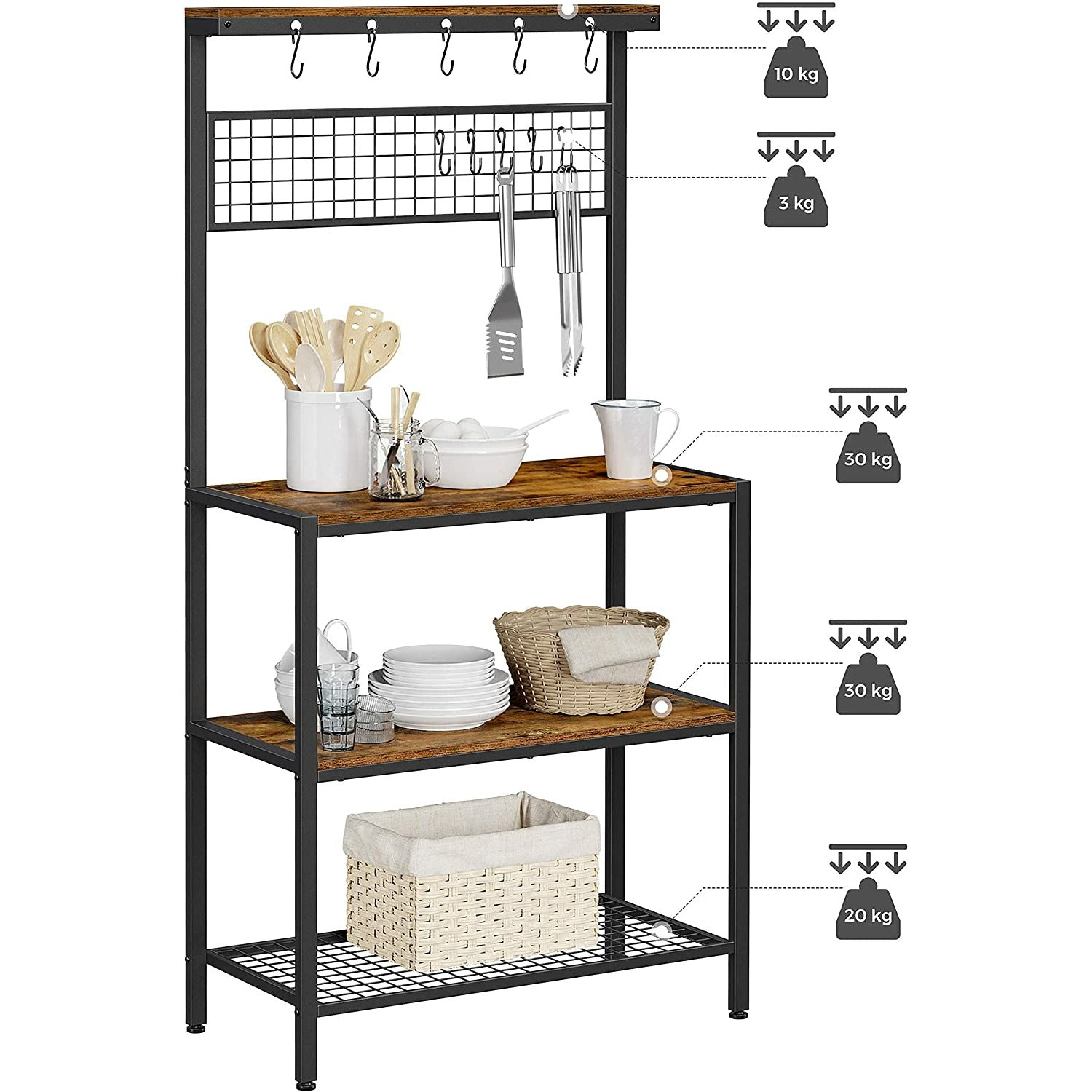 Industrial Kitchen Baker's Rack with Storage Shelves 10 Hooks and Metal Mesh Shelf 84 x 40 x 170 cm Rustic Brown