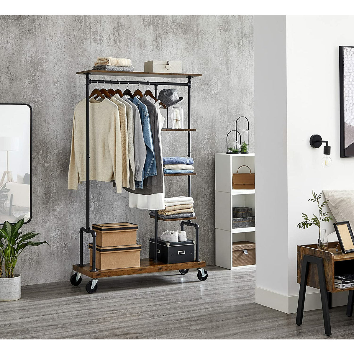 Clothing Garment Rack on Wheels with 5-Tier, Industrial Pipe Style, Rustic Brown