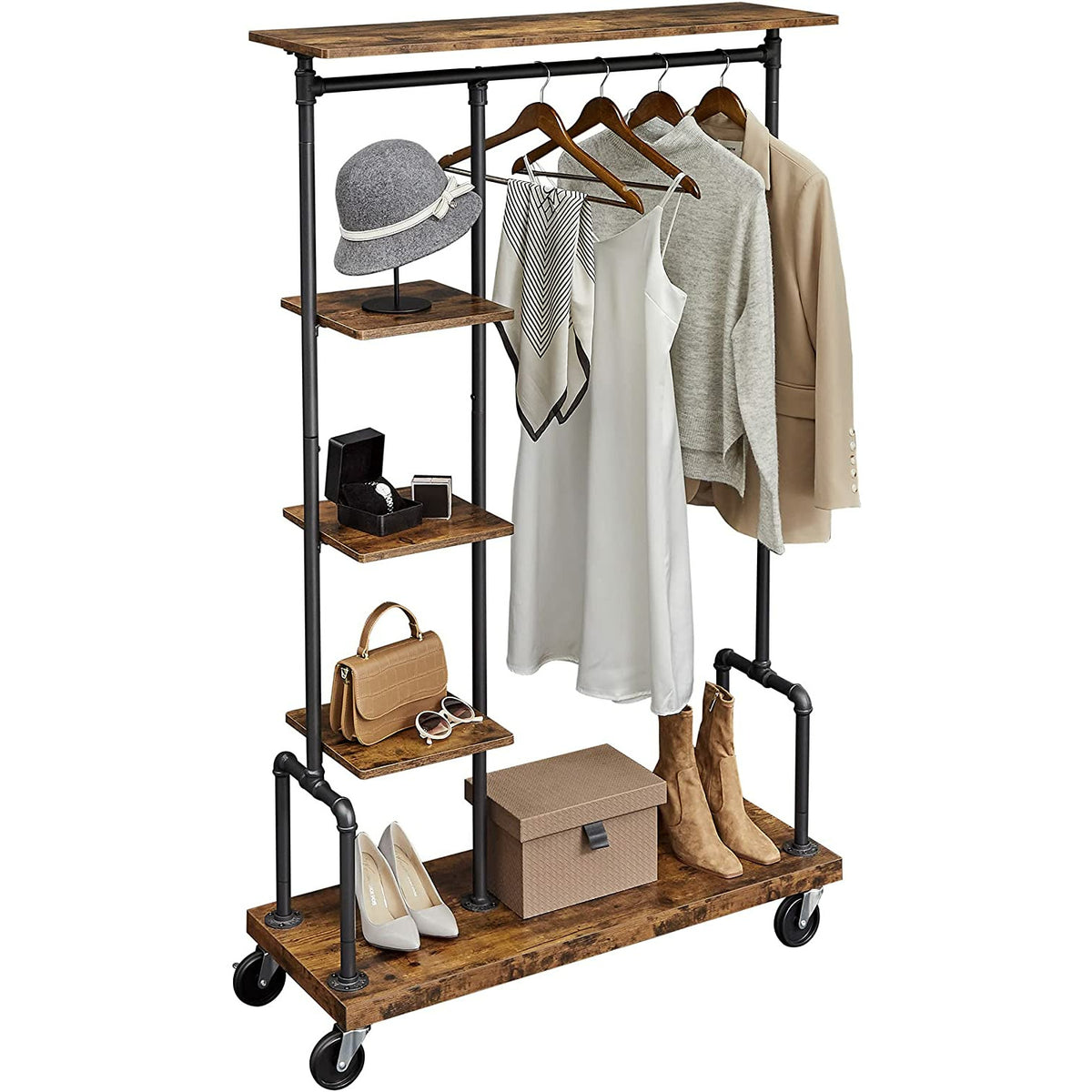 Clothing Garment Rack on Wheels with 5-Tier, Industrial Pipe Style, Rustic Brown