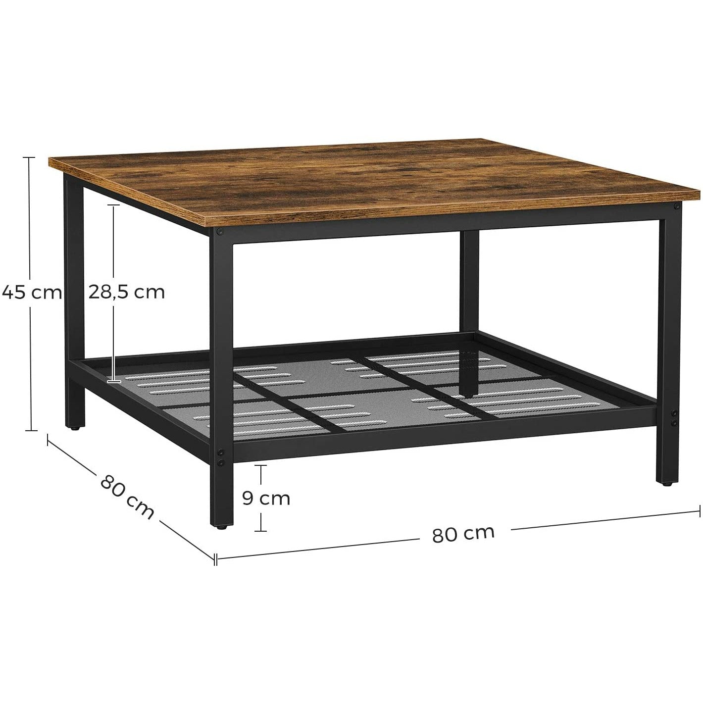 Robust Coffee Table Steel Frame and Mesh Storage Shelf,  Rustic Brown and Black