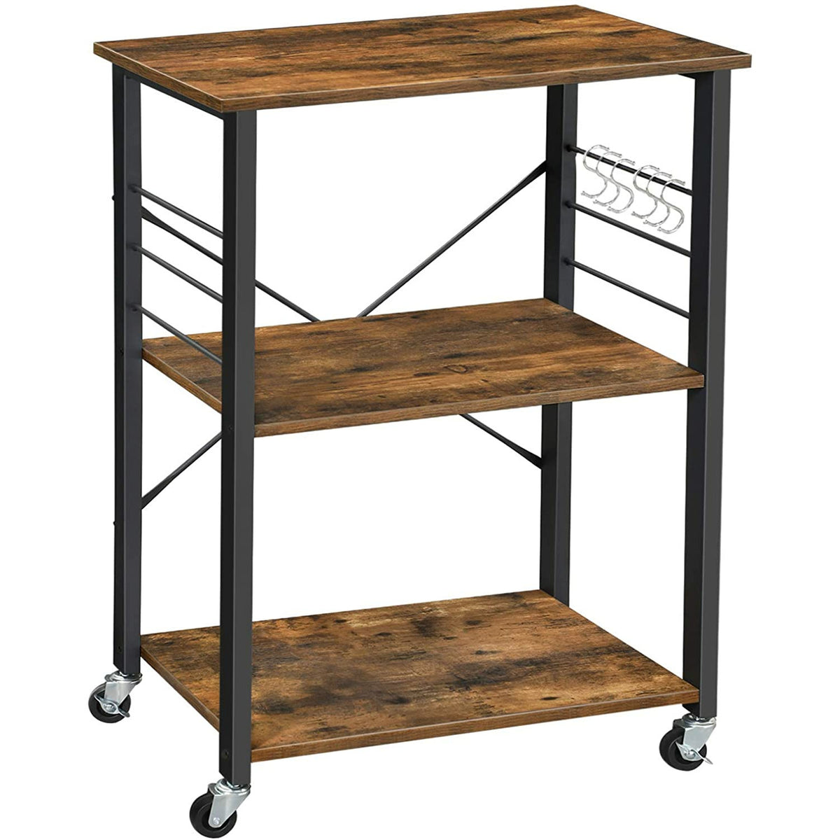 Kitchen Baker&#39;s Rack,  3-Tier Serving Cart with Metal Frame and 6 Hooks, Rustic Brown