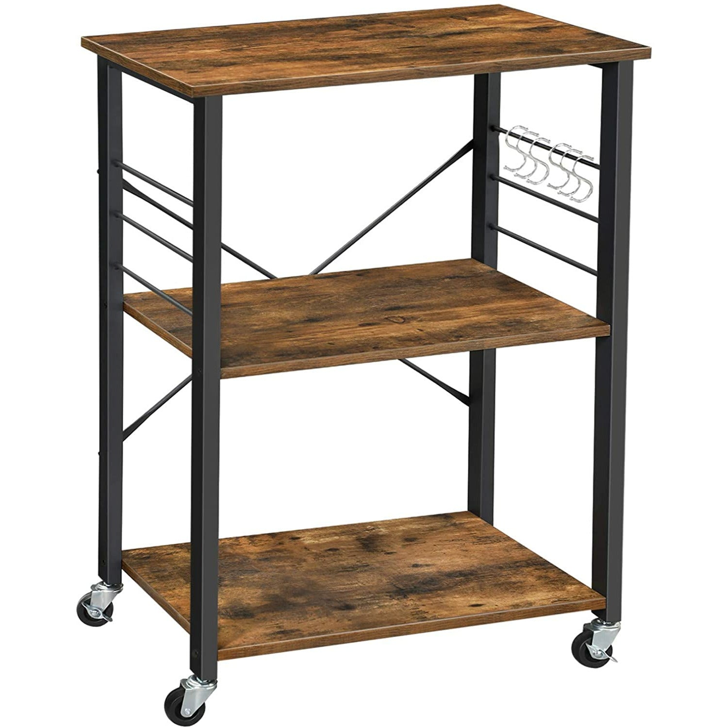 Kitchen Baker's Rack,  3-Tier Serving Cart with Metal Frame and 6 Hooks, Rustic Brown