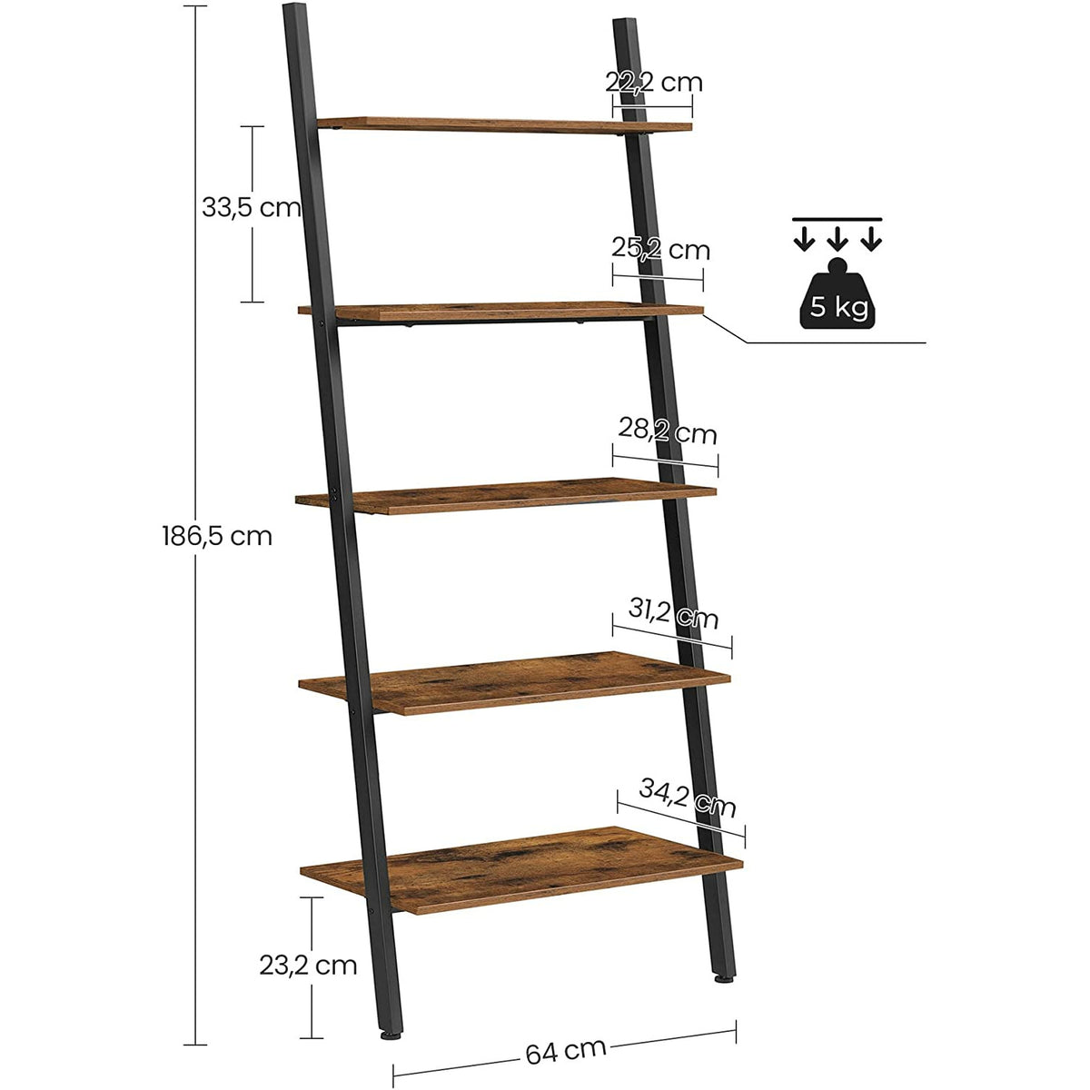 5-Tier Bookshelf Rack, Rustic Brown and Black
